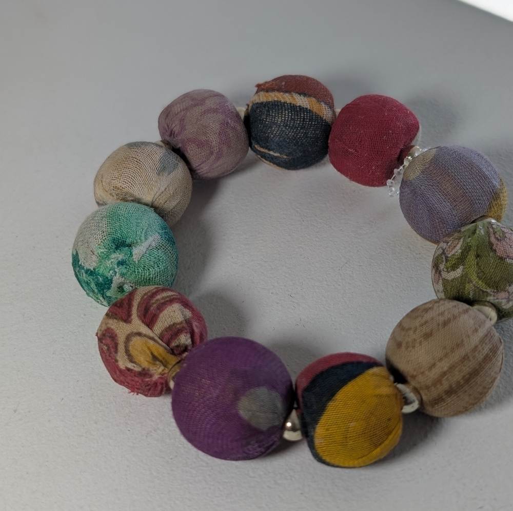 Bohemian Multicolor Fabric Beaded Necklace and Bracelet Set - Picture 2 of 4